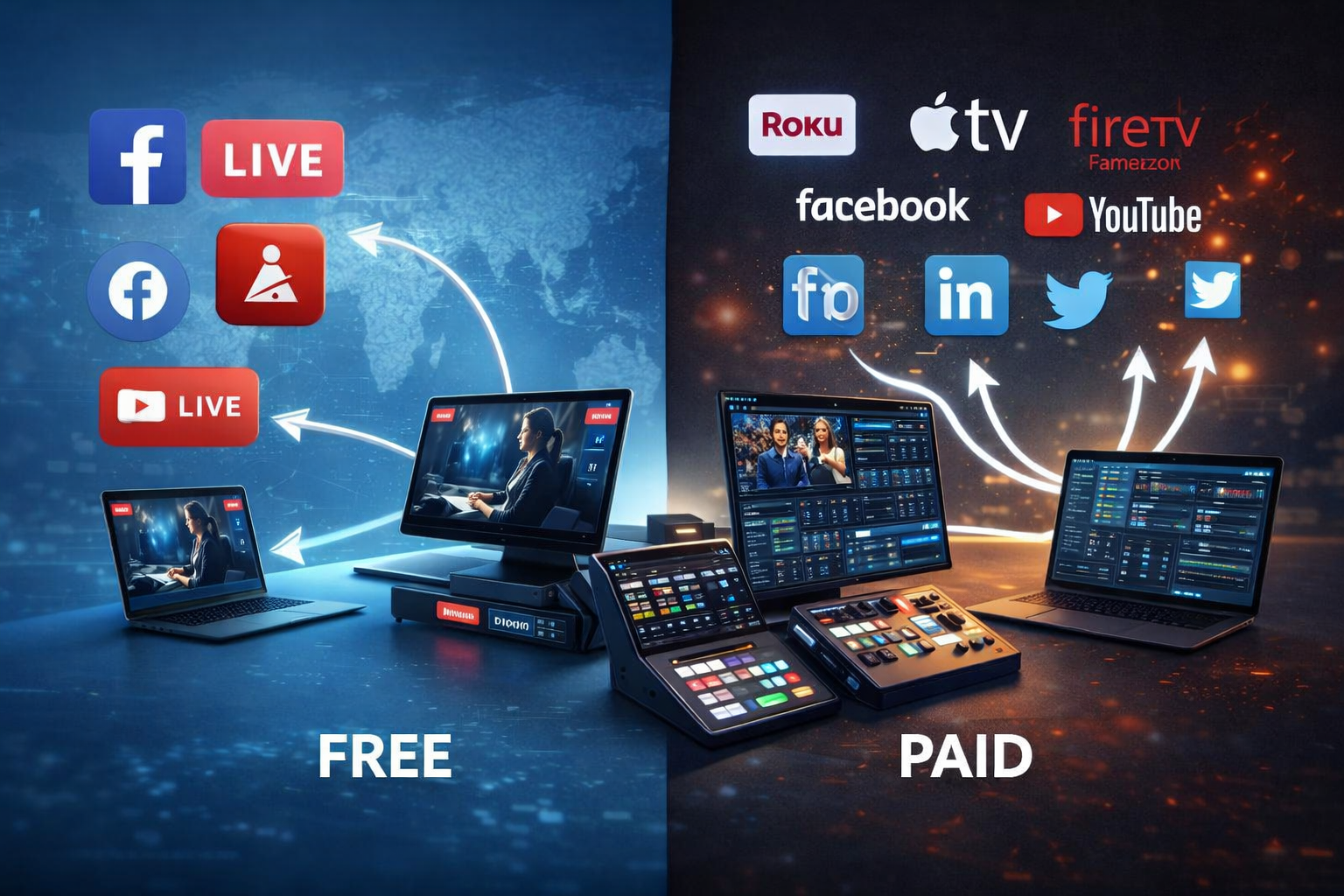 free vs paid live streaming platforms, professional live streaming platform, live streaming distribution platform, multi platform live streaming, white label live streaming platform, multi destination streaming, simultaneous broadcasting, branded streamin